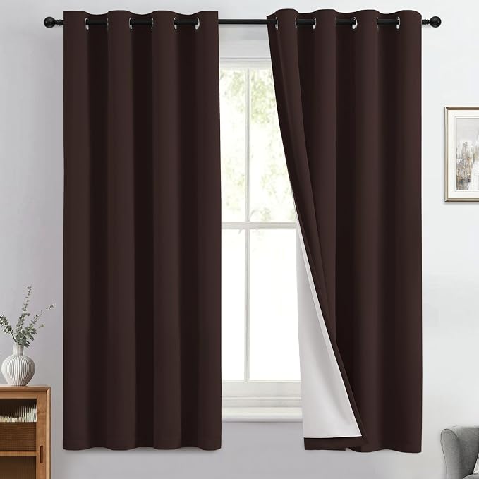Yakamok Brown 100% Blackout Curtain Panels 63 inches, 50" Wide, 2 Panels | Blackout Curtain Panels for Bedroom, 2 Thick Layers Grommet Top Thermal Insulated Drapes with White Back for Living Room