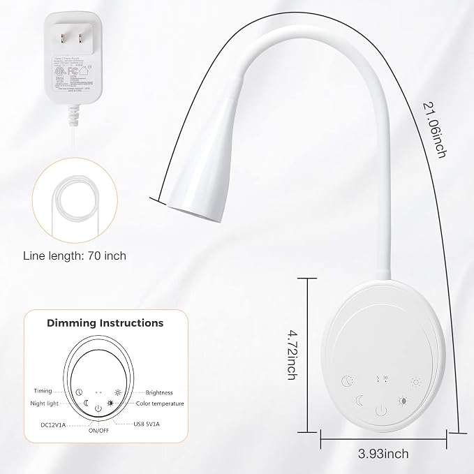 SANKEDOU LED Wall Mount Reading Light, Bedside Reading Lights, 5 Dimmable | Touch Control, USB Output, Night Light & Timers, Flexible Gooseneck Headboard Bed Lights wall Sconce (White-2P)