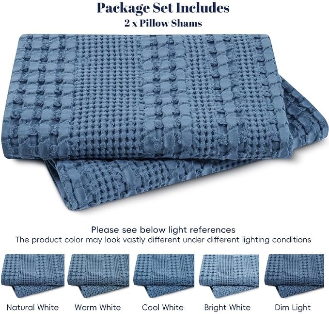 PHF 100% Cotton Waffle Pillow Shams Queen Size, 2 Pack 20" x 30" Soft Skin-Friendly Pillowcases, No Filling, Aesthetic Woven and Breathable Waffle Weave Pillow Case Covers for Bed, Denim Blue