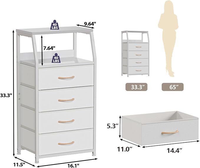 Furnulem Tall Nightstand with 4 Fabric Drawers, Small Dresser for Bedroom | White Dorm Bedside Table , Dresser for Closet, Storage Drawer for Living Room, Entryway, Furniture, Metal Frame, Wood Top