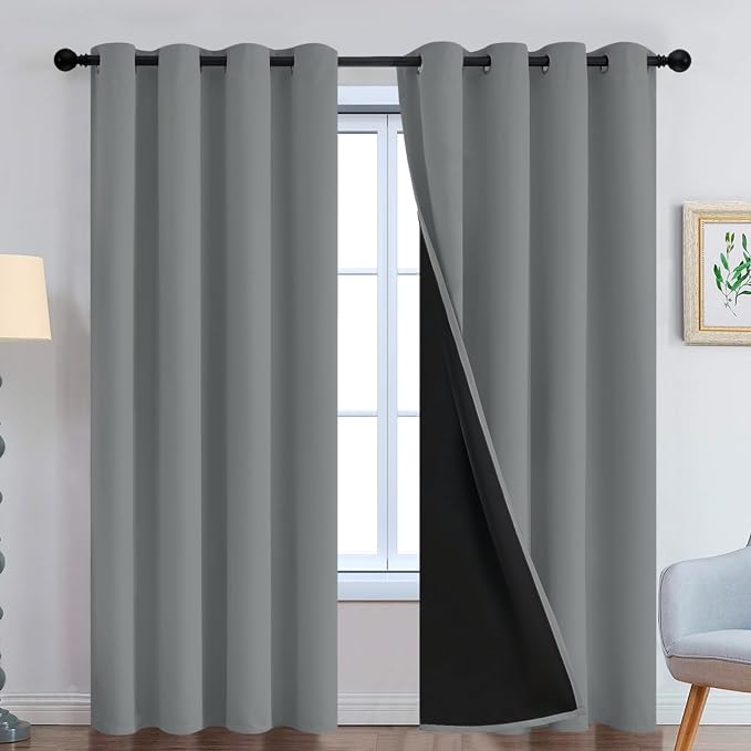 Yakamok Dove Grey 100% Blackout Curtains 84 Inches Long 52" Wide 2 Panel | Blackout Curtain Panels for Bedroom, 2 Thick Layers Grommet Top Thermal Insulated Drapes with Black Liner for Living Room