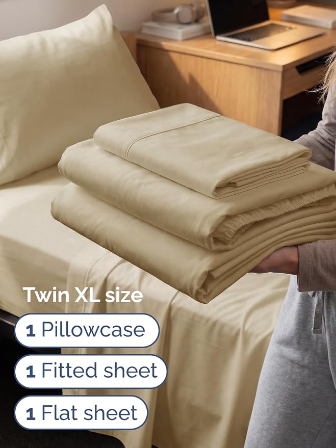 Extra Deep Twin XL Sheet Set - 3 Piece College Dorm Room - Beige | Soft, Breathable & Cooling, Easily Fits 18 to 24 inch Mattress, Wrinkle Free & Fade Resistant with Extra Deep Pockets