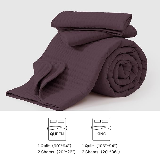 King Size Quilt-Lightweight Plum Bedspreads King Quilt Bedding Set | Soft Coverlet with 2 Pillow Shams for All Seasons, Suitable for Bed, Couch, 3 Pieces, 106"x94"