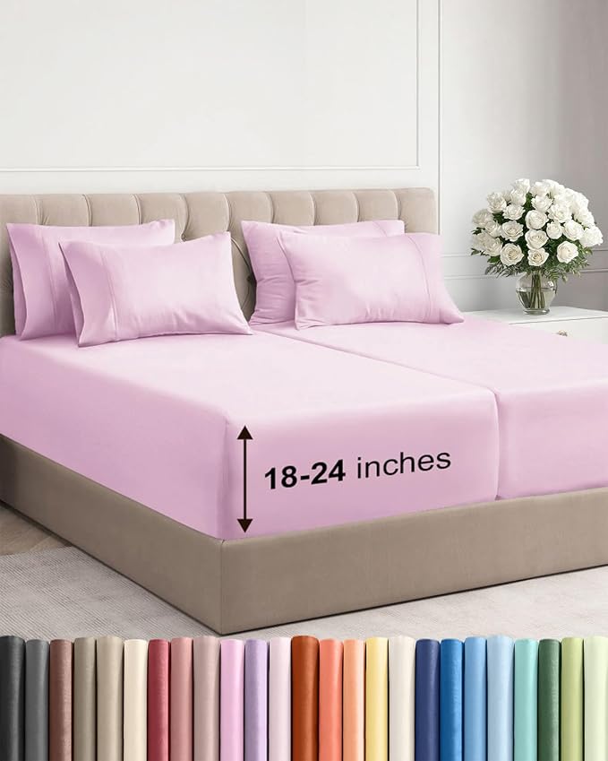 Extra Deep Split King Sheet Set - 7 Piece Breathable & Cooling - Light Pink | Hotel Luxury Bed Sheets Set, Easy & Secure Fit, Ultra-Soft, Wrinkle & Fade Free, Comfy Sheets Set with Extra Deep Pockets