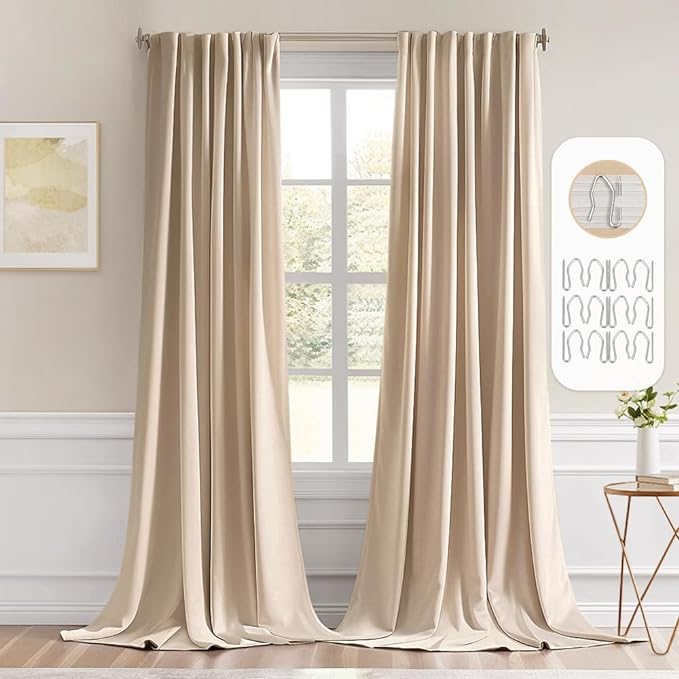 MIULEE Beige Back Tab Blackout Curtains 52x120 Inch Long 2 Panels Set | Rod Pocket Pinch Pleated, Thermal Insulated, Bedroom Living Room Darkening Privacy Drapes, Extra Long Light Blocking Curtains