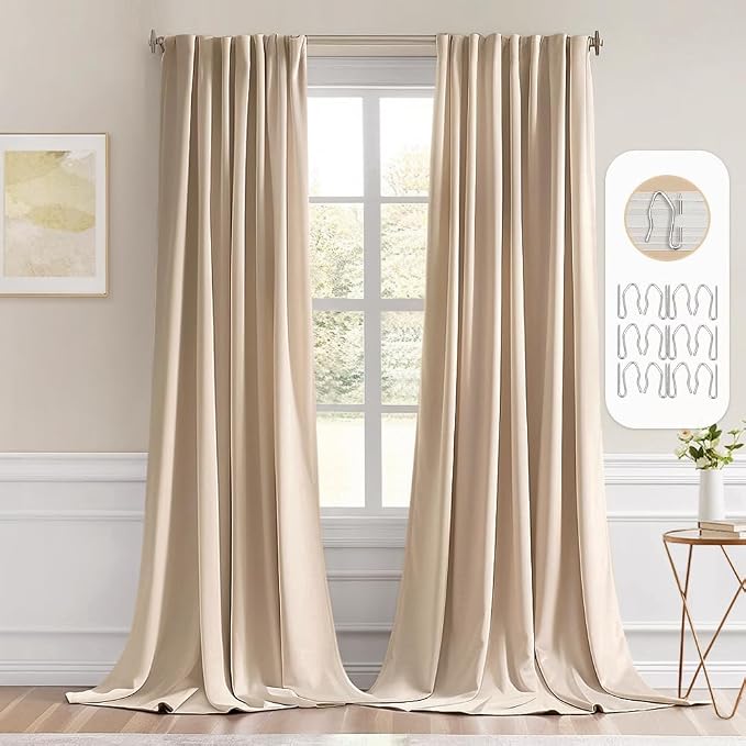 MIULEE Beige Back Tab Blackout Curtains 52x96 Inch Long 2 Panels Set | Rod Pocket Pinch Pleated, Thermal Insulated, Bedroom Living Room Darkening Drapes, Light Blocking Floor to Ceiling Curtains