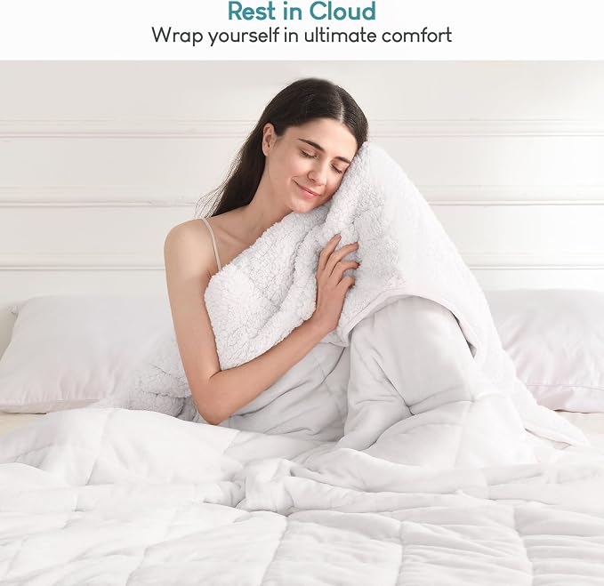 Cottonblue Sherpa Fleece Weighted Blanket for Adults Queen Size 15lbs 60x80 | Soft Cozy Flannel Weighted Blankets Throw for Sleep Calm Relax, Fuzzy Warm Bed Couch Heavy Blanket, Glass Beads, Snow White