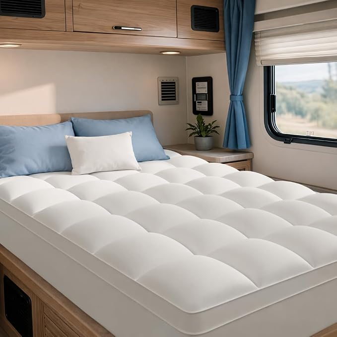 ELEMUSE RV Short King Mattress Topper, Thick Pillow Top Mattress Pad | Plush comfort with overfilled fill. Deep pocket fits RV short king beds, an RV essential for campers, motorhomes and trailers