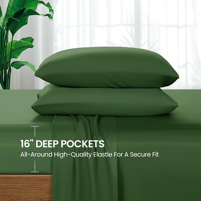 SONORO KATE 100% Viscose Derived from Bamboo_Sheets Cal King Size,4PC | Cooling Bed Sheets for Hot Sleepers,Soft Breathable & Silky,16" Deep Pocket,Luxury Hotel Bedding,Olive