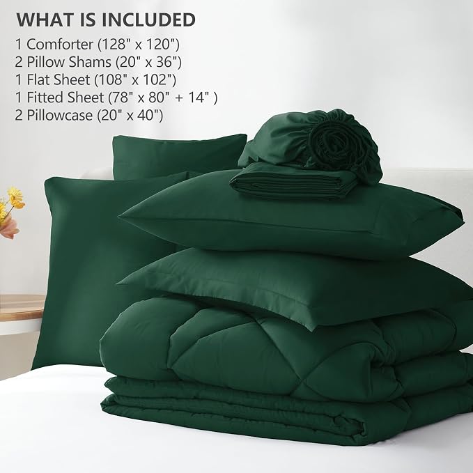 Super King Plus Comforter Set Emerald Green - 7 Pieces Bed in a Bag | OEKO-TEX Certified, All Season, 240GSM Down-Alternative Comforter, Sheets, Pillowcases & Shams, 14" Deep Pocket, Easy Care