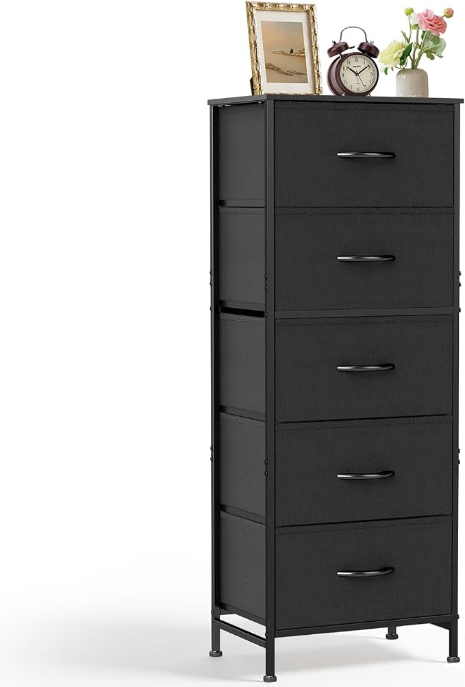 5 Drawers Dresser for Bedroom Fabric Storage Tower with Wooden Top | Steel Frame Tall Chest of Drawers for Closet, Entryway, Dorm, Black