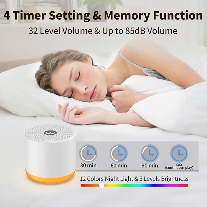 Portable White Noise Machine Mini Sound Machine with Light 30 Soothing Sounds Rechargeable for Adults Baby Kids Sleep Brown Noise Machine with Memory Function 4 Timers for Travel Camping Home Office