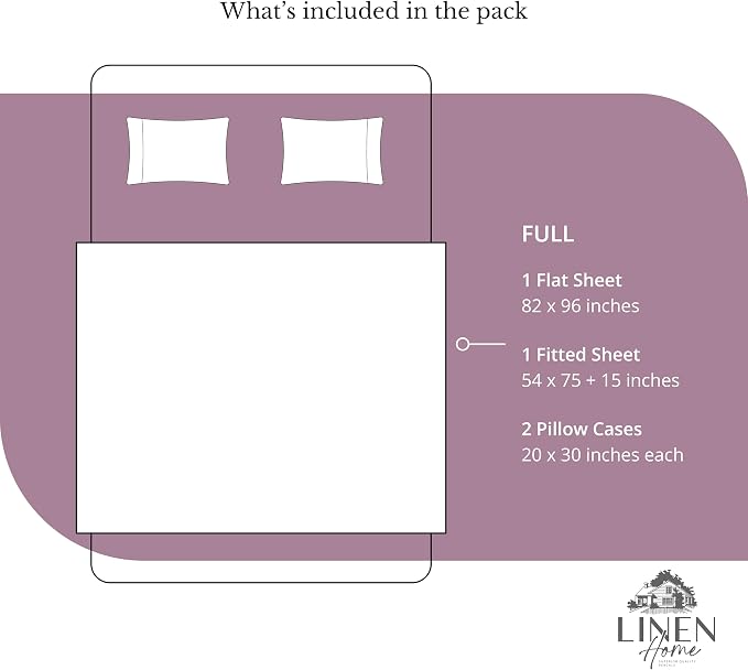 Linen Home 100% Cotton Percale Sheets Full Size, Damson Berry, Deep Pocket, 4 Pieces Set - 1 Flat, 1 Deep Pocket Fitted Sheet and 2 Pillowcases, Crisp Cool and Strong Bed Linen