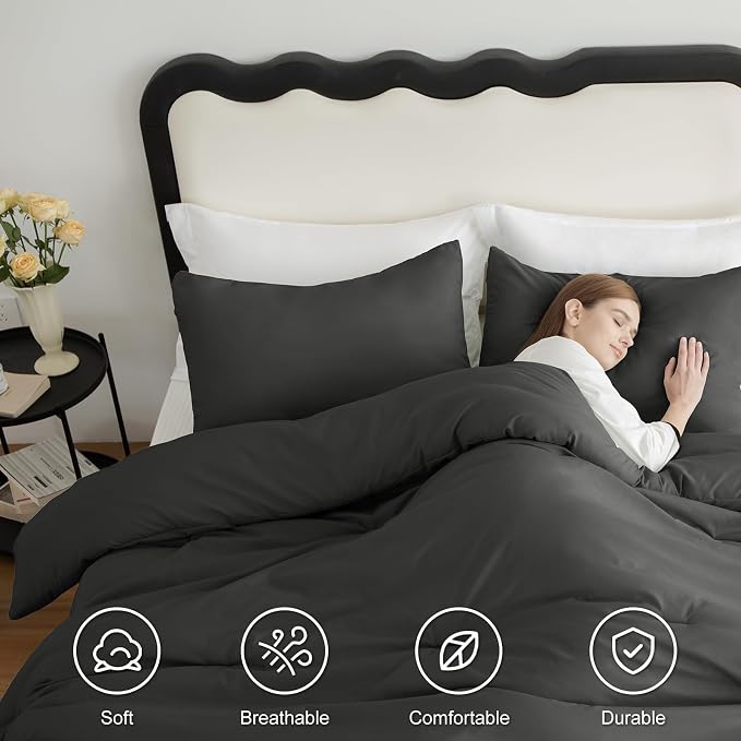 King Comforter Set, 3 Pieces Down Alternative Bedding, Dark Grey | 270 GSM All Season Comforter with 4 Corner Ties for Use as a Duvet Insert, OEKO-TEX Certified, 2 Pillowcases, 102 x 90 in