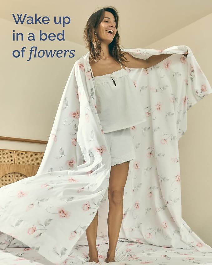 Cal King 4 Piece Floral Sheet Set - Soft, Breathable & Cooling - Rosebud | 1 Flat, 1 Fitted & 2 Pillowcases w/ Deep Pockets, Boho Botanical Floral Bedding, Breathable & Cooling, Wrinkle & Fade Free