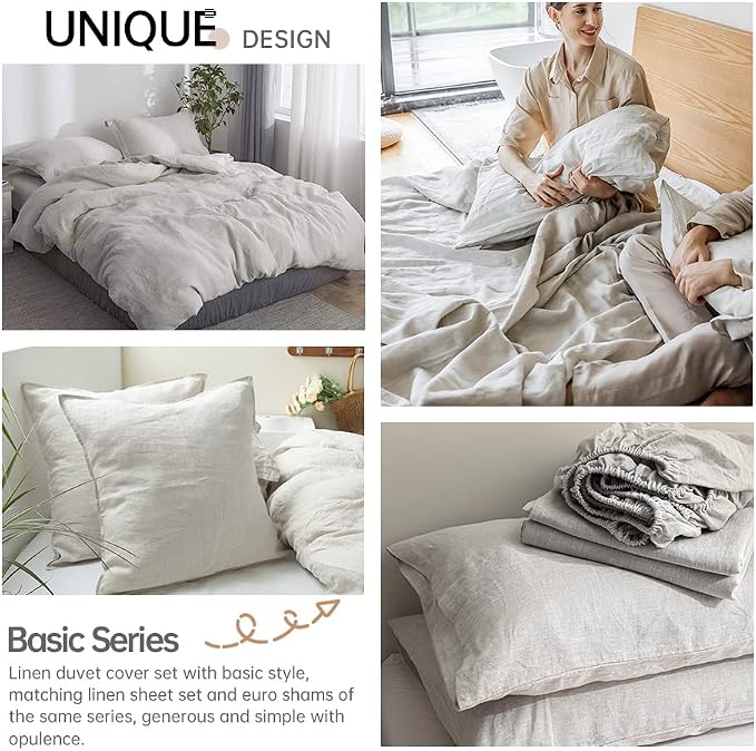 Simple&Opulence 100% Linen Duvet Cover Set 3pcs Basic Style Natural French Washed Flax Solid Color Soft Breathable Farmhouse Bedding with Button Closure - Linen, King