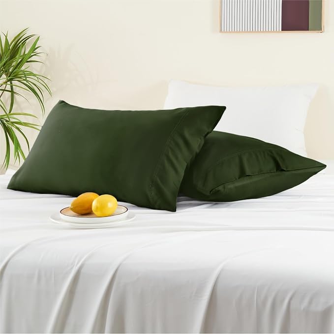 BEDELITE Pillow Cases Standard Size 2Pcs, Rayon from Bamboo, Olive Green | Cooling and Breathable Pillow Cover for Hot Sleepers & Night Sweats, Silky Soft Cozy, Envelope Closure, 20"x26"