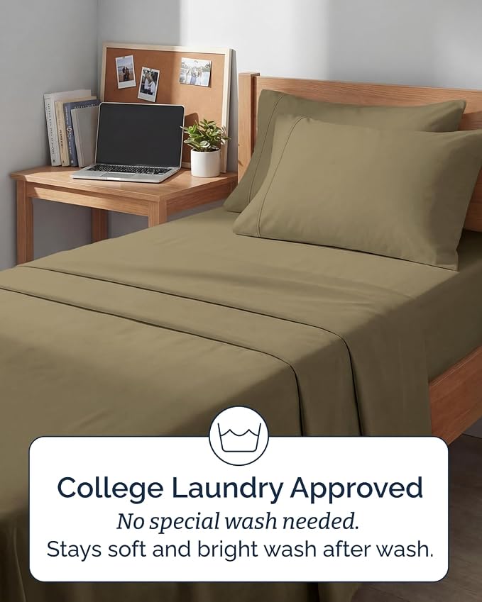Extra Deep Twin XL Sheet Set - 4 Piece College Dorm Room - Khaki | College Dorm Room Essentials, Easy & Secure Fit, Ultra-Soft, Wrinkle & Fade Free, Comfy Sheets Set with Extra Deep Pockets