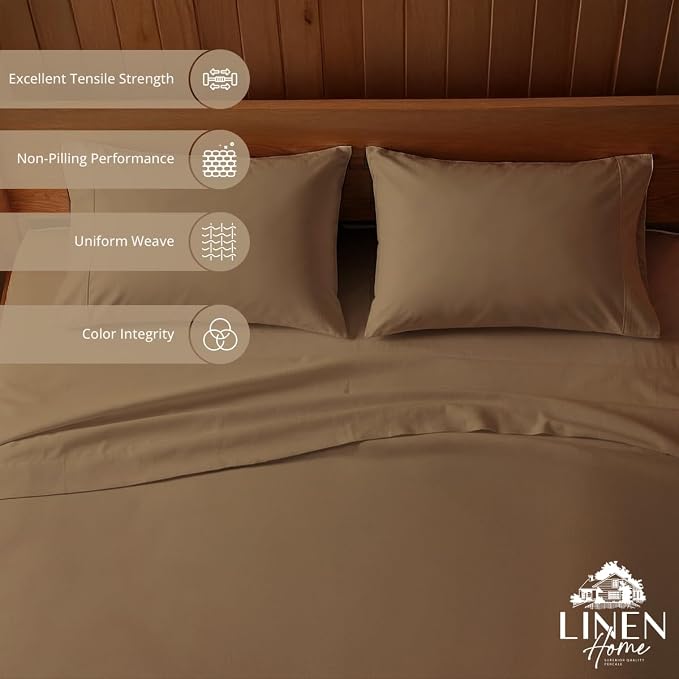 Linen Home 2-Pack Queen Sheet Set, 100% Cotton Percale Bedding, 8-Piece Value Bundle, Deep Pocket Cooling Bed Sheets for Hot Sleepers, Breathable & Crisp Hotel Quality, Long-Staple Cotton Earthy Brown
