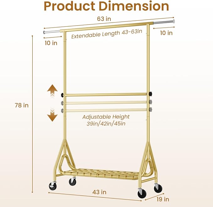 Heavy Duty Clothes Rack for Hanging Clothes, Double Rods Clothing Rack with Lockable Wheels, Rolling Garment Racks with Shelf, Easy to Assemble, Gold