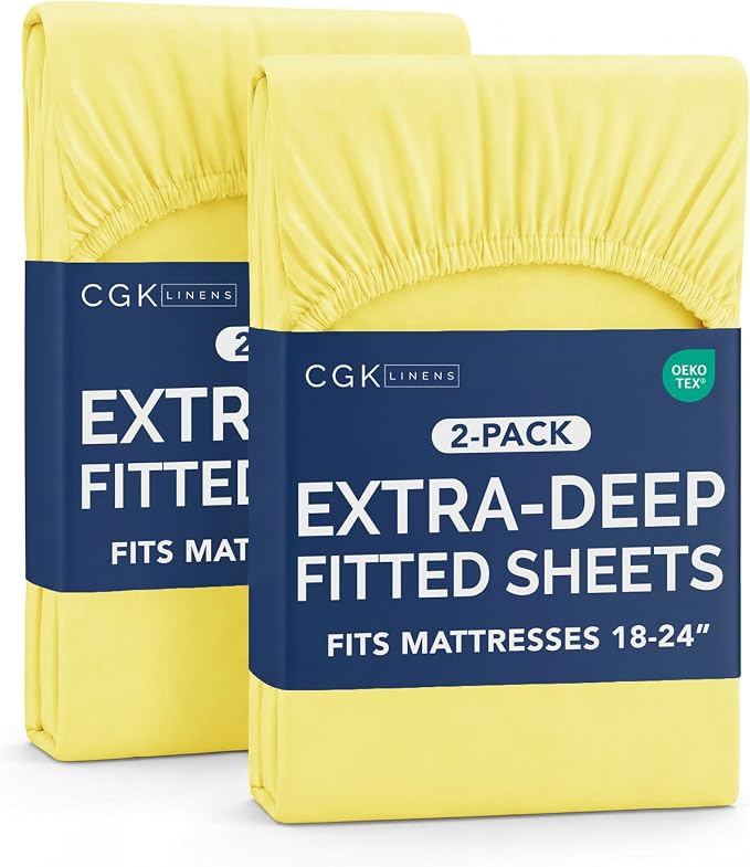 2 Pack Extra Deep Full Fitted Sheets with Extra Deep Pockets - Yellow | Hotel Luxury Bottom Fitted Sheets Only, Soft, Fade & Wrinkle Free, Breathable & Comfy, All Around Elastic Fitted Sheets