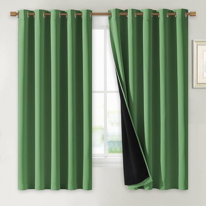 NICETOWN 100% Blackout Curtains with Black Liners, Forest Green, 2 Panels, 62-inch W by 63-inch L, Thermal Insulated Full Blackout 2-Layer Lined Drapes, Energy Efficiency Window Draperies for Bedroom