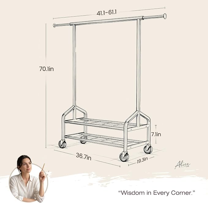 Heavy Duty Clothes Rack, Rolling Clothing Rack Load 650 LBS for Hanging Clothes with 2 Sturdy Shelves, Metal Garment Rack with Wheels for Bedroom, Laundry Room, Retail Store, Gold