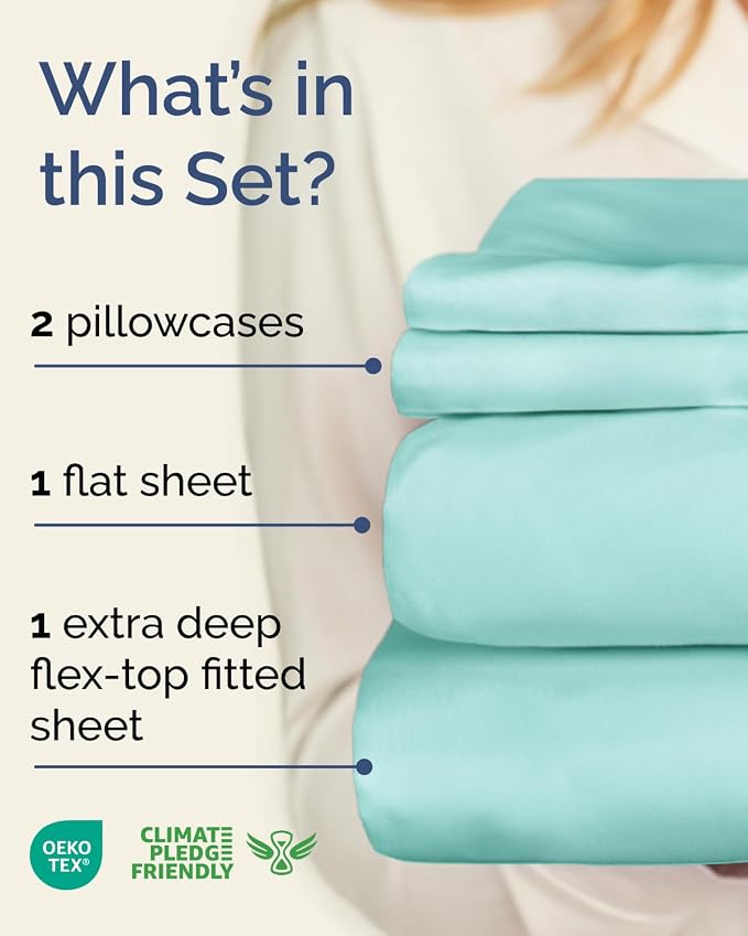 Flex Top Split Head King Sheet Set - 4 Piece Extra Deep Sheets - Spa Blue | Easily Fits 18 to 24 inch Mattress, Ultra Soft, Wrinkle & Fade Free with Extra Deep Pockets, Comfy Hotel Luxury Bedding