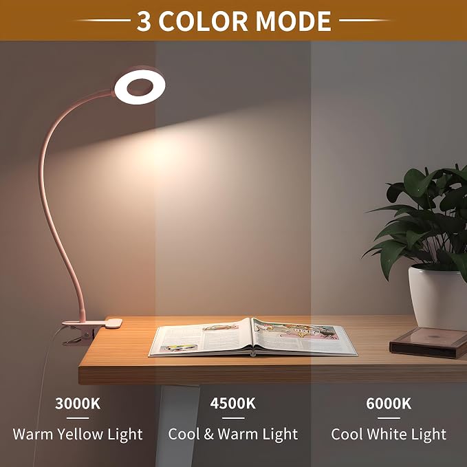 iZELL LED Desk Lamp with Clamp, Reading Light with 3 Color Modes & 10 Brightness Levels, Flexible Arm Book Light for Kids Reading in Bed at Night, Clip on Table, Computer, Zoom Meetings - 27.6'' Pink