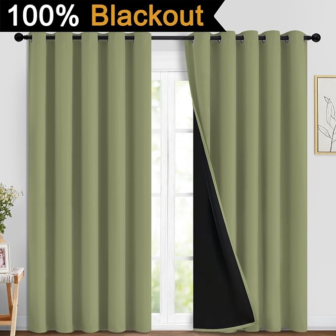 Yakamok Sage Blackout Curtains 84 Inches Long for Bedroom 70" Wide 2 Panel | Blackout Curtain Panels for Bedroom, 2 Thick Layers Grommet Top Thermal Insulated Drapes with Black Liner for Living Room