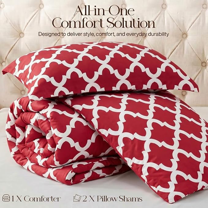Utopia Bedding 3 Pc Queen Comforter Set, Printed Comforter, Red | Comforter Set Includes Comforter (88x88) Inches, 2 Shams (20x26) Inches. Soft Microfiber Down Alternative, Machine Washable.