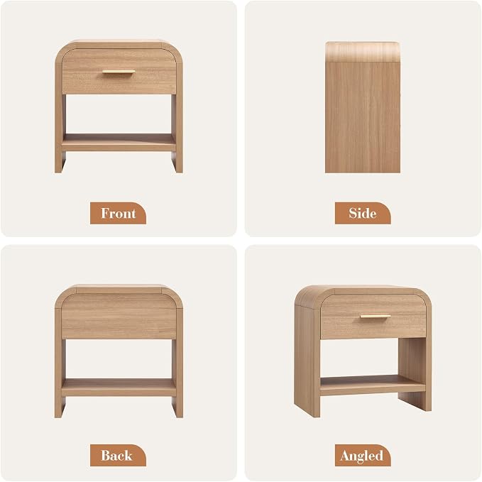 Night Stand Set of 2 [Unique Curved Profile] [FSC-Certified Wooden Board] 1-Drawer and 1 Storage Shelf Nightstand 24" H Metal Handle Modern Bedside Table Side Table End Table for Bedroom | [Curved Profile] [FSC-Certified Wooden Board] Nightstand 24" H ...