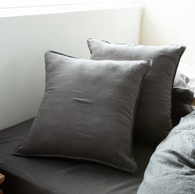 Simple&Opulence 100% Washed Linen Euro Shams 26'' x 26'' Pack of 2, Basic Style Solid Color Natural Flax Farmhouse Decorative Square Throw Pillow Covers for Bed Couch Sofa - Dark Grey