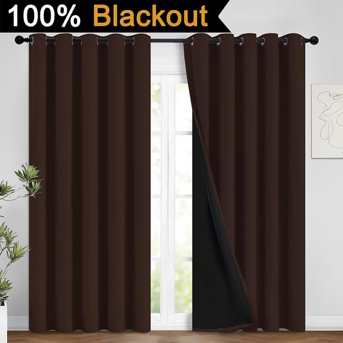 Yakamok Chocolate Brown Blackout Curtains 96 Inches Long 62" Wide, 2 Panels | Blackout Curtain Panels for Bedroom, 2 Thick Layers Grommet Top Thermal Insulated Drapes with Black Liner for Living Room