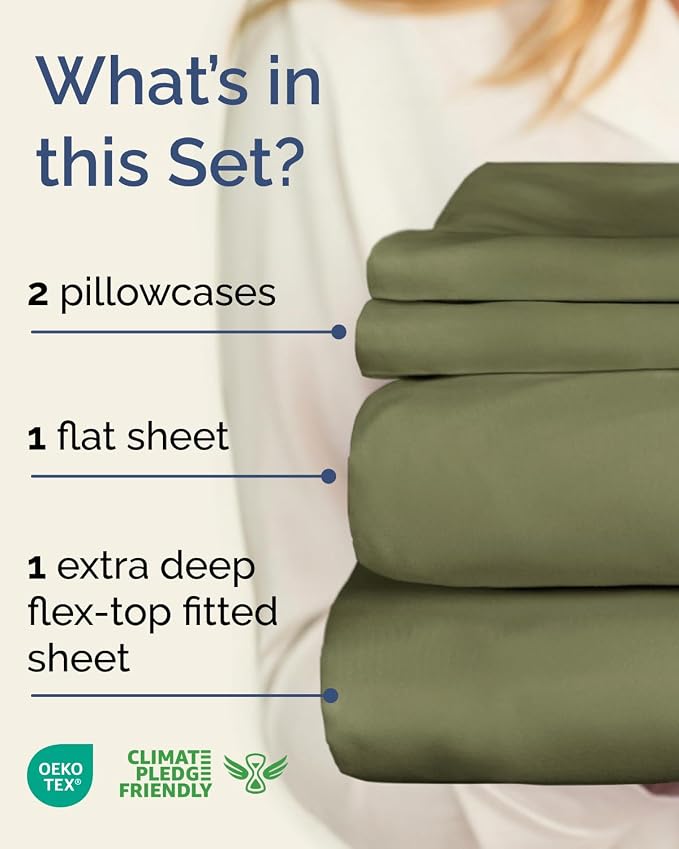 Flex Top Split Head King Sheet Set - 4 Piece Extra Deep Sheets - Sage Green | Easily Fits 18 to 24 inch Mattress, Ultra Soft, Wrinkle & Fade Free with Extra Deep Pockets, Comfy Hotel Luxury Bedding