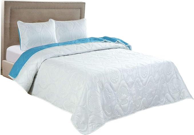 Legacy Decor 3 PCS Shell & Seahorse Reversible All Season Bedspread Quilt Coverlet Oversize, Blue Color, King Size