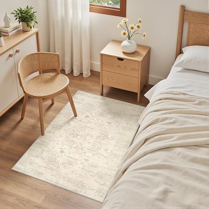 Washable Area Rugs 2x3: Living Room Bedroom Carpet Beige/Brown | Vintage Boho Indoor Decor Soft Small Entryway Throw Neutral Kitchen Bathroom Laundry Floor Non-Slip Low Pile Entrance Rug