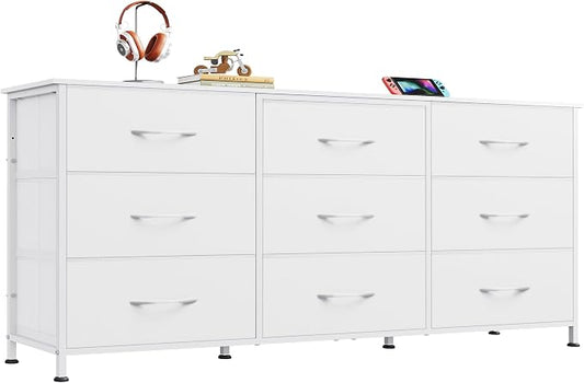 WLIVE Dresser TV Stand for 65 Inch TV, 9 Drawer Dresser for Bedroom, White | Fits TVs up to 65 inch, 9 roomy fabric drawers, Wide wood tabletop, Living room or bedroom, Chest of drawers