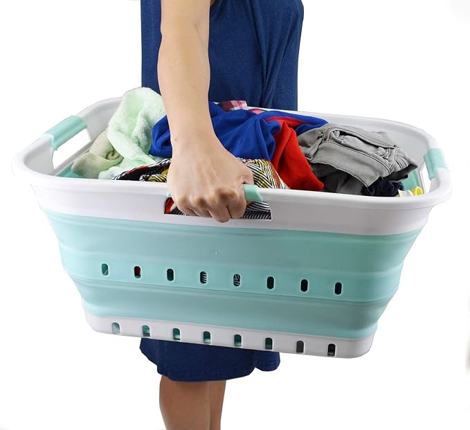 SAMMART 42L (11 gallon) Collapsible Plastic Laundry Basket - Foldable Pop Up Storage Container/Organizer - Space Saving Hamper/Basket (1, White/Lake Green)