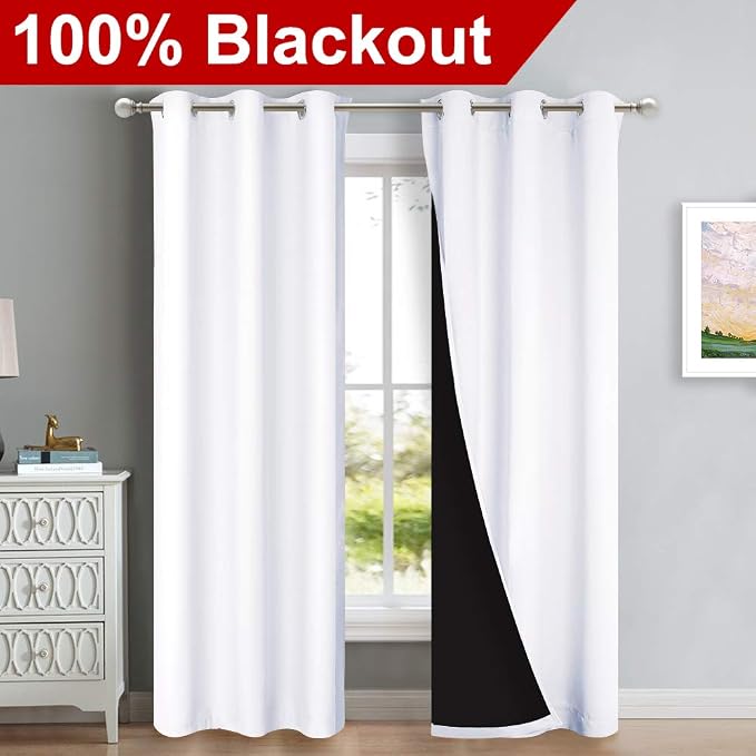 NICETOWN Pure White Blackout Curtains for Nursery 42" w x 84" L 2 Panels | Full Light Blocking Drapes with Black Liner for Hall Villa Bedroom, Thermal Insulated Room Darkening Draperies Home Decor