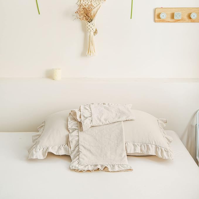 Cream King Ruffled Shams - Set of 2, Cute Solid Fringe Design, Beige Grey - Shabby Chic Pillowcases (King, 20''x36'')
