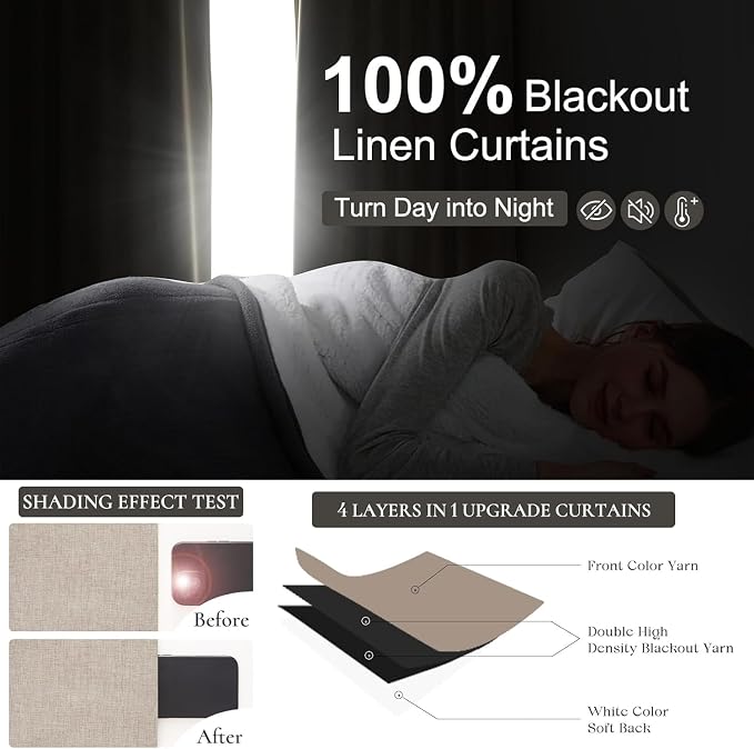 Extra Wide 60 Inch Blackout Curtains 96 Inches Long for Living Room, Rustic Boho Room Darkening Textured Linen Pleated Office Insulated Ceiling Track Large Window Drapes (60"W x 96"L 2 Panels Linen)