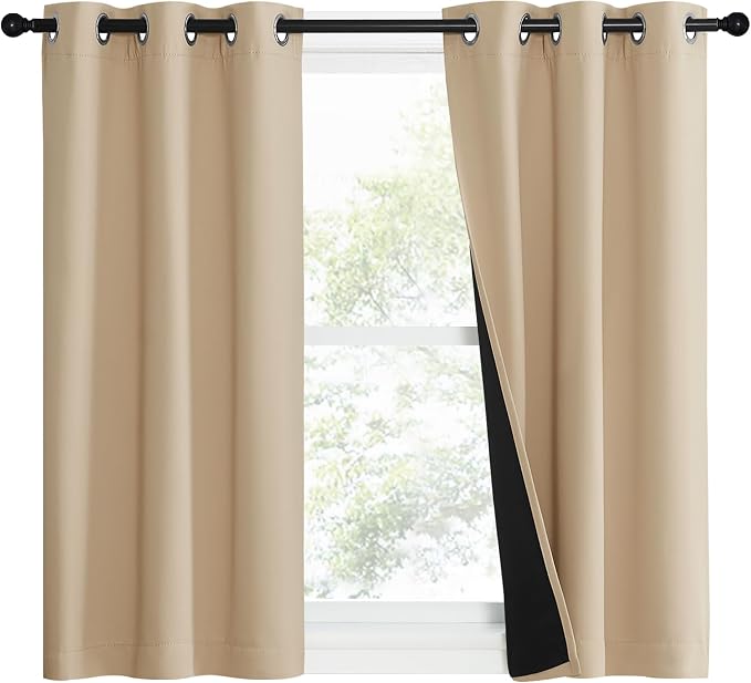 NICETOWN Biscotti Beige Blackout Curtains for Bedroom 37" x 50" 2 Panels | Super Thick Insulated Grommet Drapes Double-Layer Room Darkening Draperies with Black Liner for Kitchen Small Window Decor