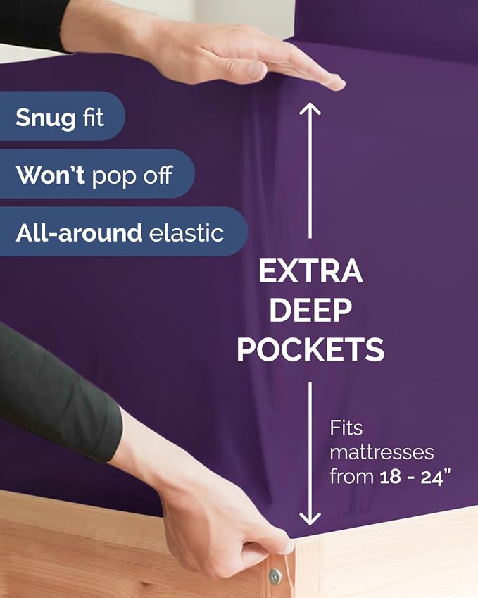 2 Pack Extra Deep Cal King Fitted Sheets with Extra Deep Pockets - Purple | Hotel Luxury Bottom Fitted Sheets Only, Soft, Fade & Wrinkle Free, Breathable & Comfy, All Around Elastic Fitted Sheets