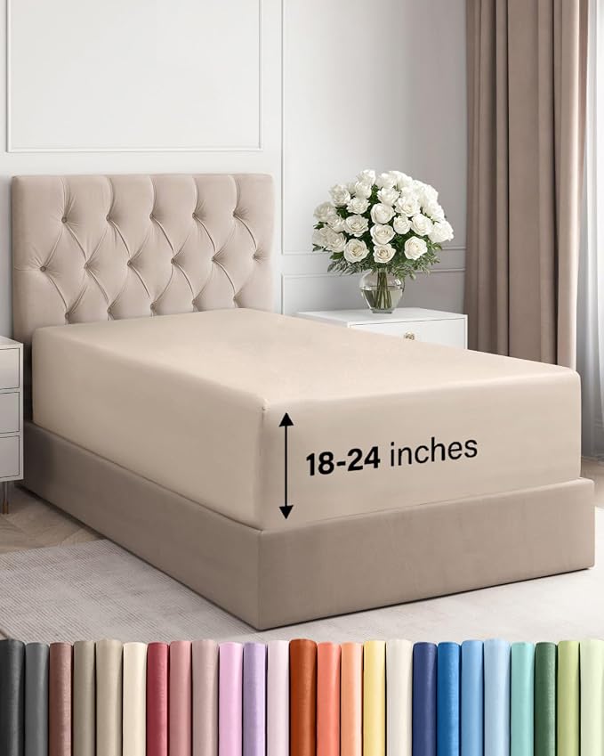 Deep Twin XL Fitted Sheet - College Dorm Room Essentials - Wheat | Easily Fits 18 inch to 24 inch Mattress, Wrinkle Resistant, Soft, Breathable & Comfy, Extra Deep Pockets Fitted Sheet