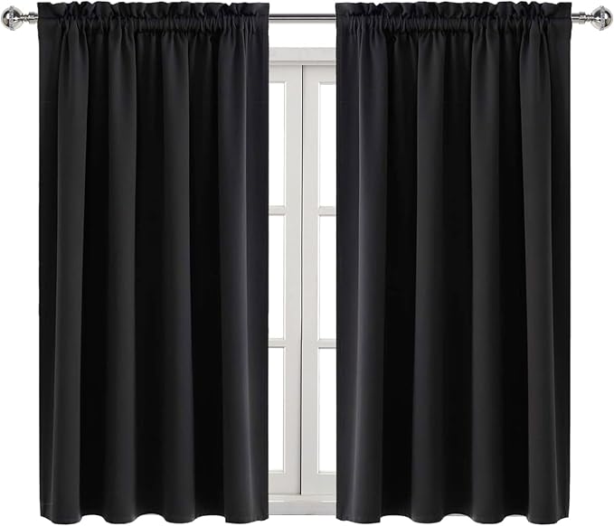 DWCN Blackout Curtains for Bedroom Living Room 52 x 54 Inch Long Black | 2 Panels Set, Room Darkening, Thermal Insulated, Light Blocking, Rod Pocket Drapes, Noise Reducing Window Treatments