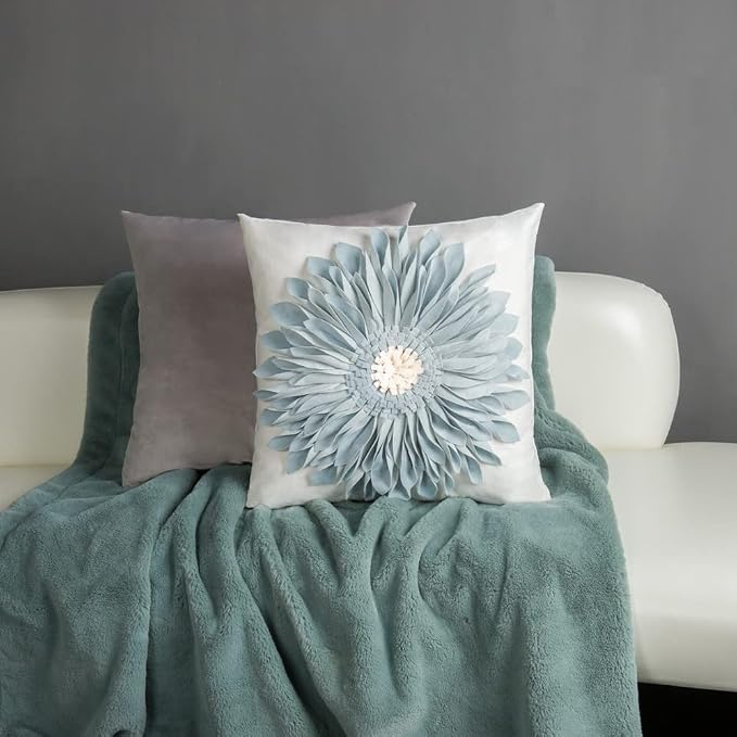 OiseauVoler 3D Sunflower Throw Pillow Covers White and Blue 18x18 Inch | Handmade Aesthetic Floral Pillowcases Decorative Pillow Shams Home Couch Bed Living Room Decor