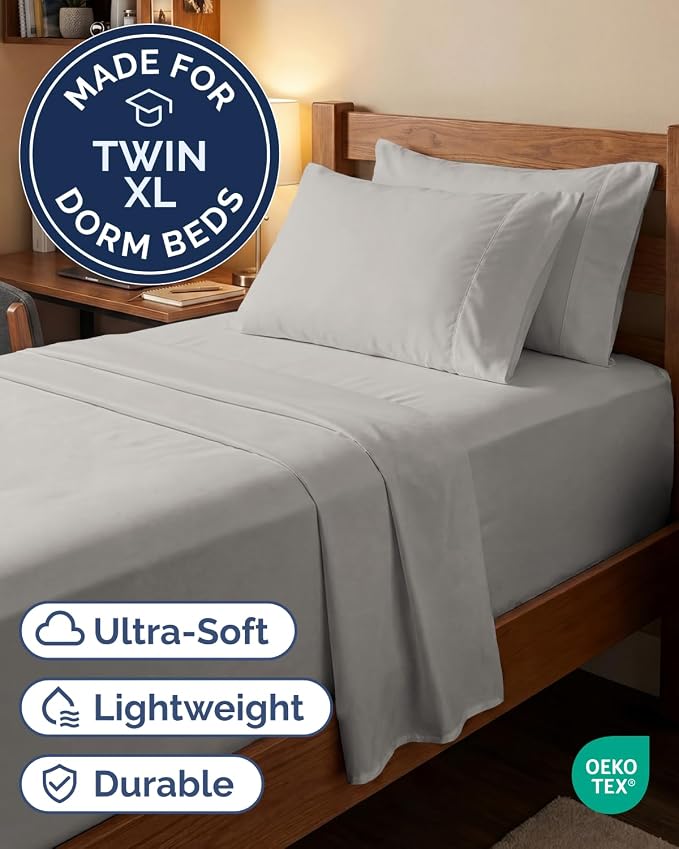 Extra Deep Twin XL Sheet Set - 4 Piece College Dorm Room - French Grey | College Dorm Room Essentials, Easy & Secure Fit, Ultra-Soft, Wrinkle & Fade Free, Comfy Sheets Set with Extra Deep Pockets