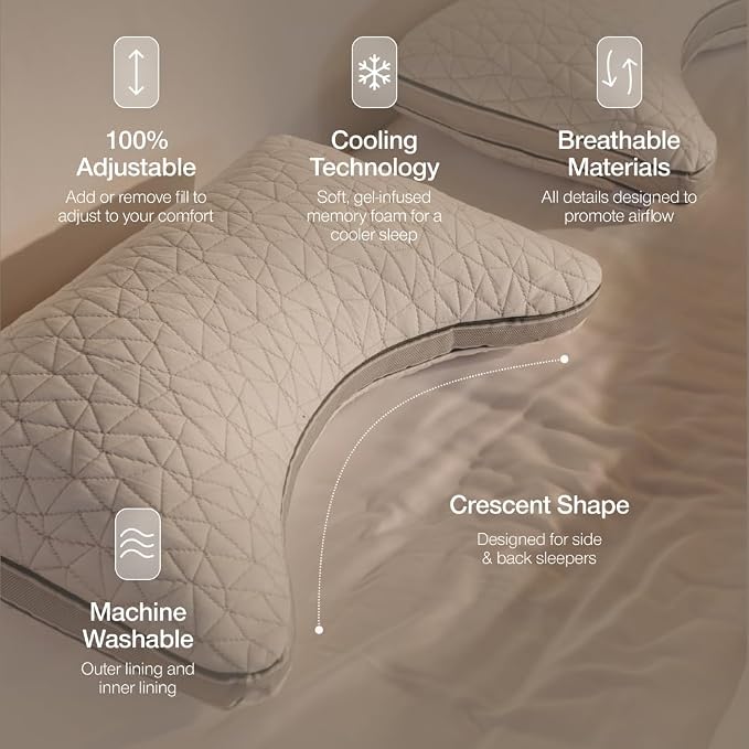 Coop Home Goods Eden Crescent Bed Pillow for Side & Back Sleepers, Queen Size, Adjustable Medium Soft Memory Foam Pillow with Cooling Gel & Ergonomic Crescent Shape, CertiPUR-US/GREENGUARD Gold