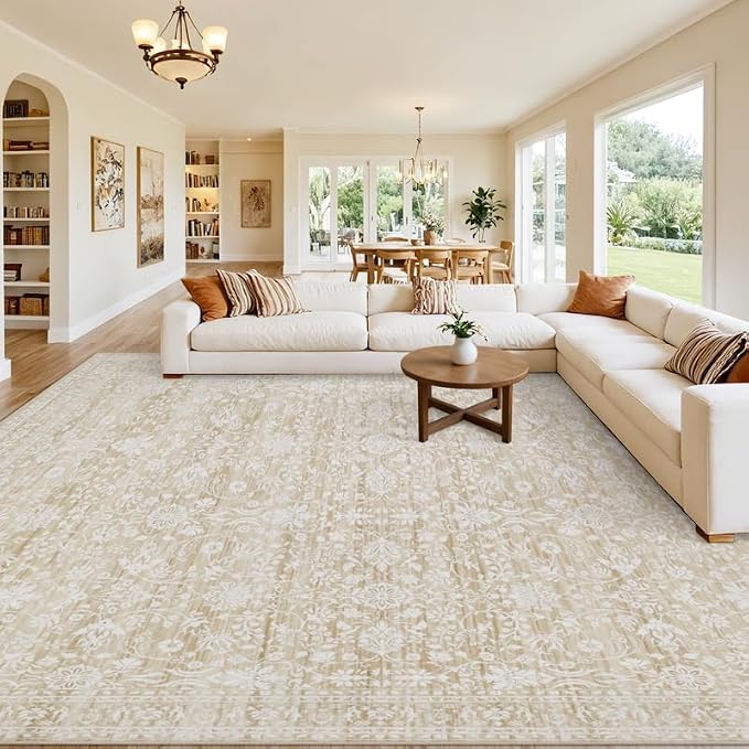 10x14 Area Rugs Living Room: Bedroom Washable Carpet Natural Beige | Large Vintage Boho Indoor Decor Carpets Soft Nursery Farmhouse Dining Room Office Floor Non-Slip Low Pile Under Table Rug